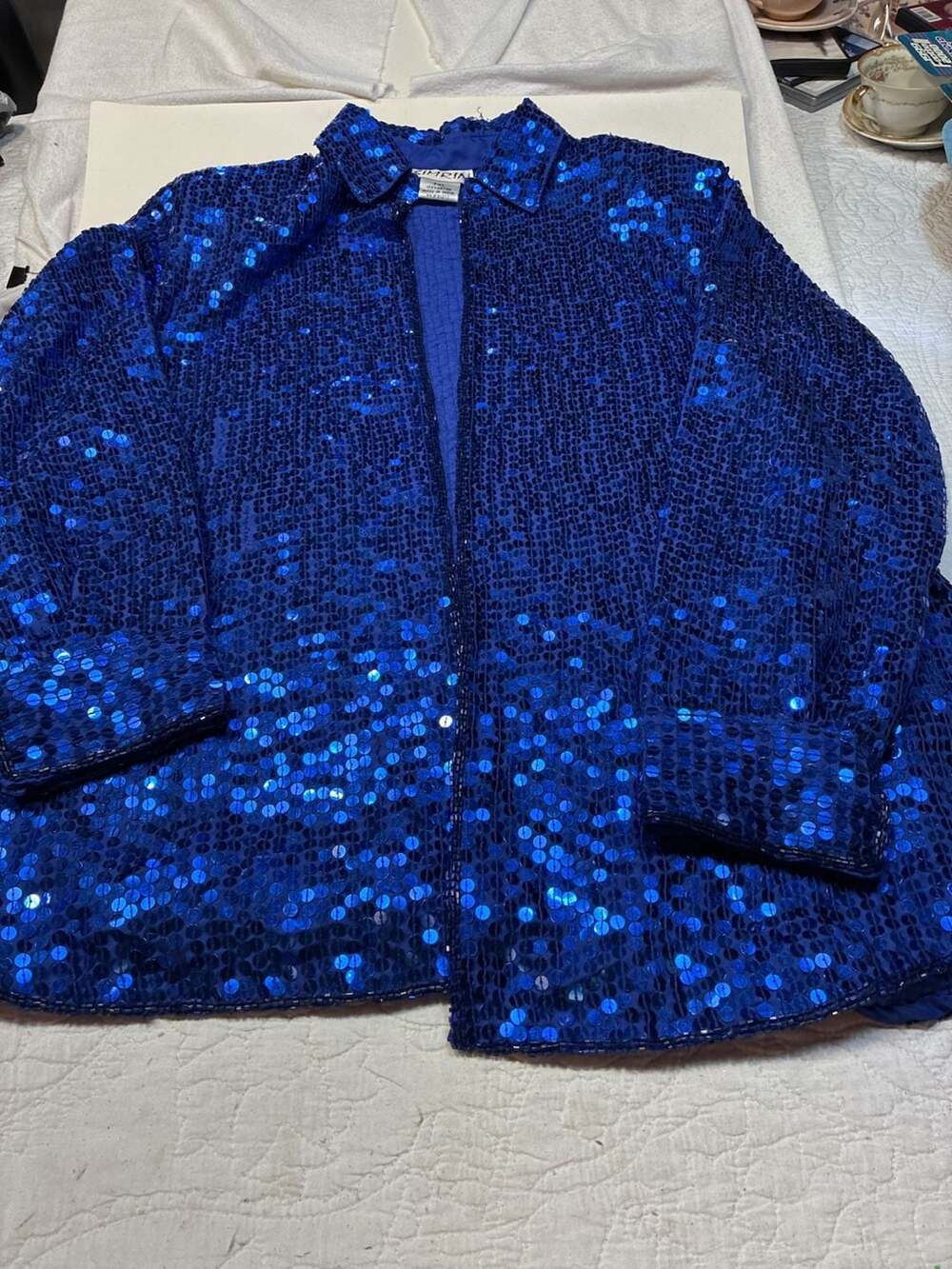 Simrin Sequin Jacket Size PXL Royal Blue Open Front Beaded Blazer